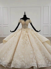 Champagne Ball Gown Tulle Sequins Appliques Off the Shoulder Luxury Wedding Dress